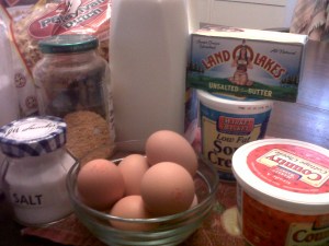 all the yummy ingredients that go into making her kugel