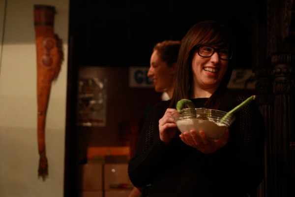 Kat Romanow explaining various customs at our Mile-End Mimouna Hop. Photo © Chloe Charbonnier